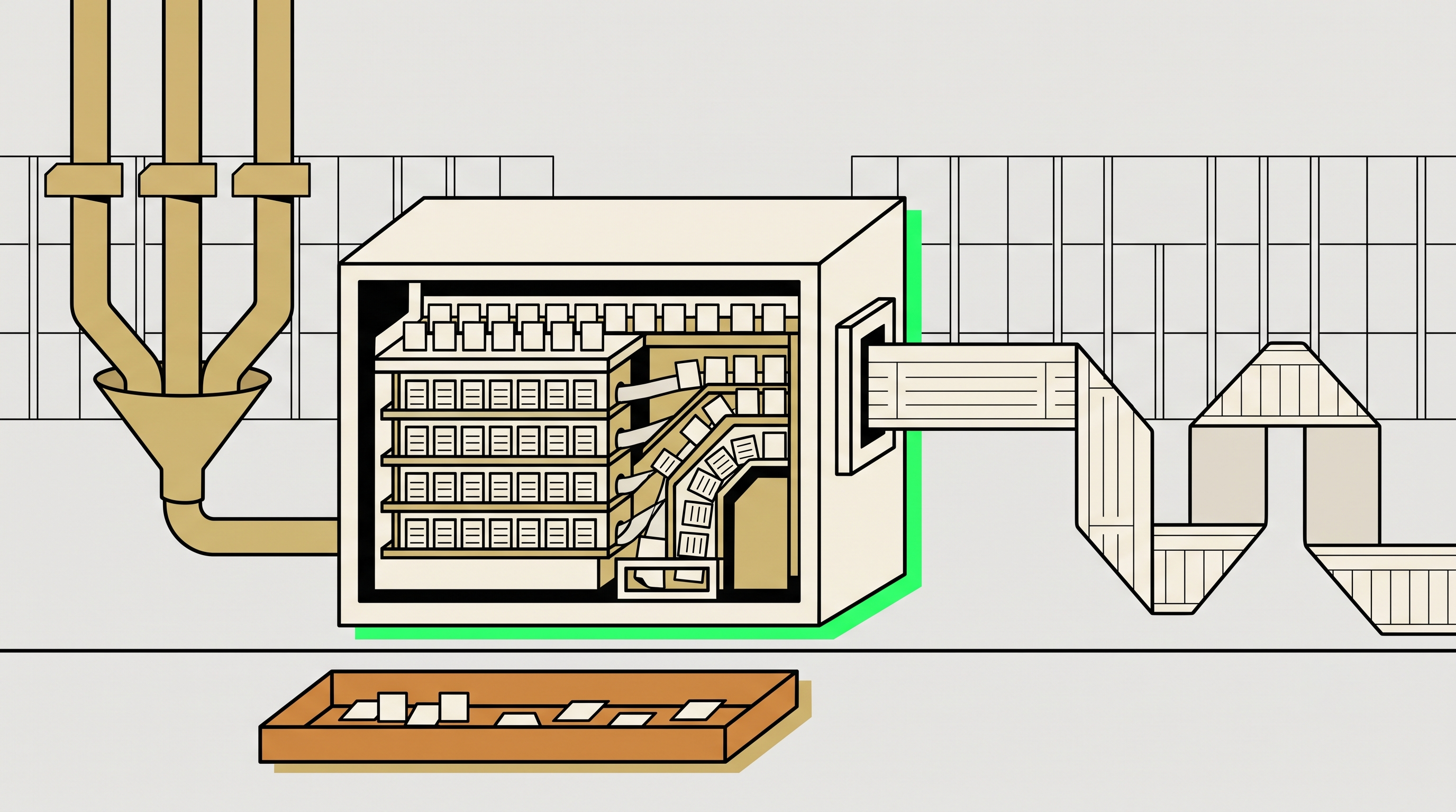 Flat cutaway of a processing line: three source pipes feed a funnel, a machine builds the lot ledger, a paper tape of form lines runs out, a tray catches taxable events